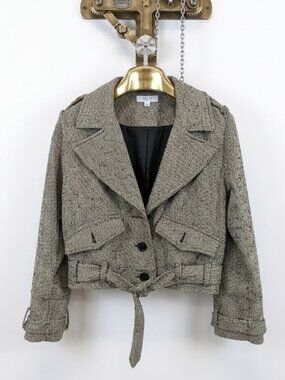 Marissa Webb Tweed Moto Jacket - Belted Cropped Biker Style - Gray/Black 4